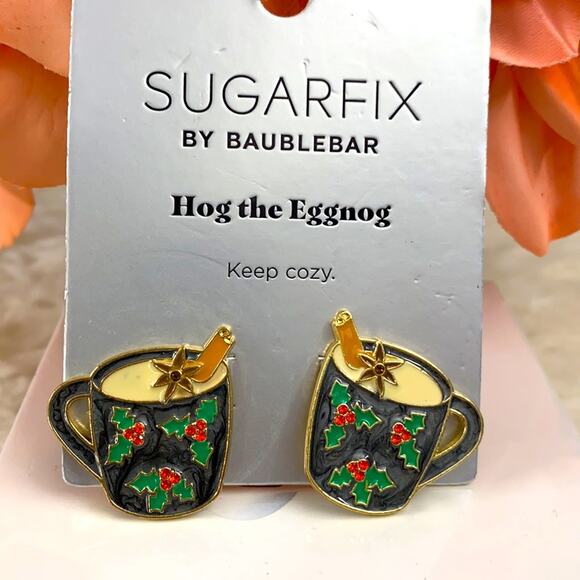 RARE SUGARFIX BaubleBar Hog the Eggnog Earrings Hot Cocoa Chocolate Coffee Mug - Picture 2 of 4